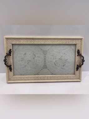 Vintage French country serving tray white lace under glass distressed wood